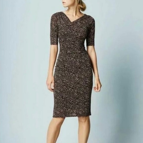 BODEN Rita Ruched Dress Polka Dot Speckled Jersey Knit Black Pink WH985 VNeck - Picture 1 of 11